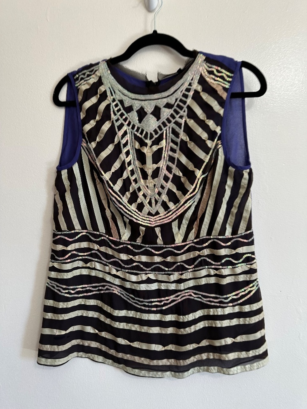 Nanette Lepore Novella Silk Sleeveless Top in Iris, Sequin Detail, NWT, Sz 10